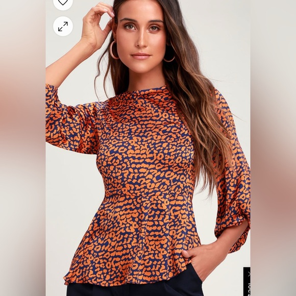LULUS Color Me Wild Orange and Navy Blue Leopard Print Peplum Top size M. NWOT - Picture 1 of 12